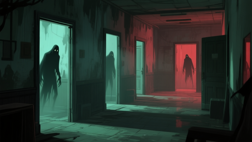 A dark, atmospheric game scene in a derelict building, viewed from a third-person perspective. A shadowy, persistent enemy figure is faintly visible in multiple doorways and reflections, creating a sense of inescapable threat. Soft, muted colors with highlights of eerie green or red. high quality illustration, detailed, 16:9