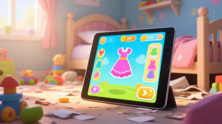自动生成图片: A cheerful and slightly messy children's room setting with a tablet showing a colorful dress-up game interface, soft morning light, toys in the background, a sense of playful challenge high quality illustration, detailed, 16:9