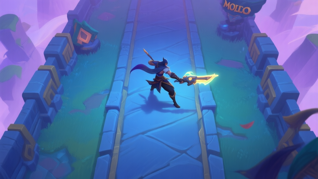 A stylized, top-down view of a fantasy mobile MOBA battlefield, focusing on a single agile assassin-type character with a glowing weapon, positioned strategically between two lanes, soft color palette with blues and purples high quality illustration, detailed, 16:9