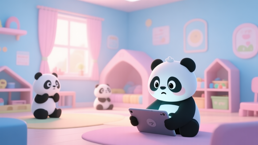 A cozy, softly lit daycare room with cute panda characters, a new player looking at a tablet with a confused but curious expression, pastel color scheme with gentle blues and pinks high quality illustration, detailed, 16:9