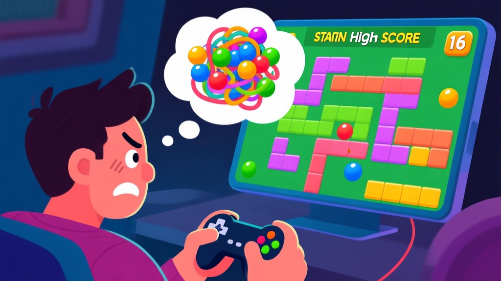 A frustrated mobile gamer looking at a stagnant high score screen in a colorful puzzle game, with a thought bubble showing a tangled mess of balls and paths high quality illustration, detailed, 16:9