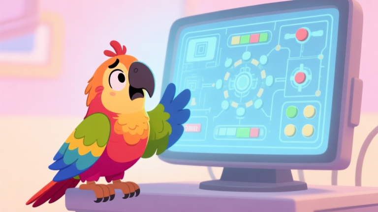 自动生成图片: A colorful parrot character from a simulator game looks confused at a complex control scheme overlay on a screen, soft pastel background, cartoonish illustration style high quality illustration, detailed, 16:9