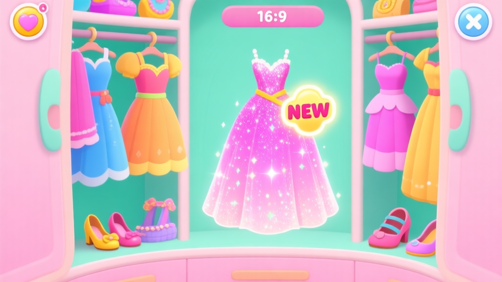 A vibrant and cute game UI screenshot style, showing a virtual wardrobe bursting with colorful dresses, shoes, and accessories, with a glowing "NEW" tag on a rare sparkly gown, pastel pink and mint green background high quality illustration, detailed, 16:9