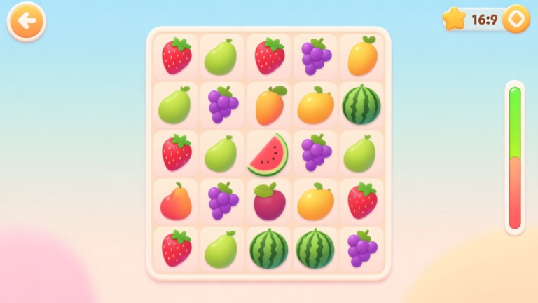 自动生成图片: A calm and inviting game interface of a merge puzzle, showing a grid with various colorful fruits like strawberries, grapes, and watermelons on a soft pastel background, with a hint of a progress bar in the corner high quality illustration, detailed, 16:9