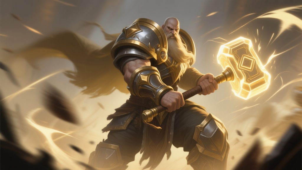 A majestic fantasy hammer master in battle stance, holding a glowing two-handed hammer, surrounded by subtle motion blur and impact lines, soft gold and steel color palette, epic lighting high quality illustration, detailed, 16:9