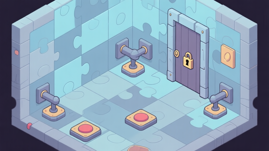 A stylized, isometric view of a complex puzzle room from a point-and-click adventure game, featuring levers, pressure plates, and a locked door. Soft, muted color palette with blues and grays, clean lines. high quality illustration, detailed, 16:9