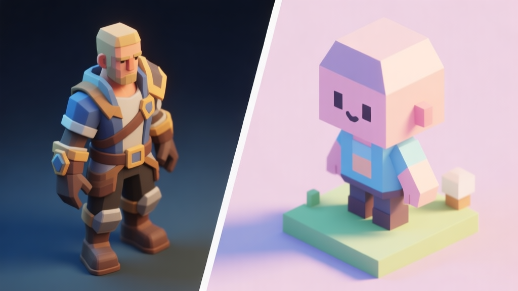 A side-by-side comparison showing a highly detailed realistic 3D game character model next to a charming, stylized low poly character made of simple geometric shapes, soft pastel color palette, isometric view high quality illustration, detailed, 16:9