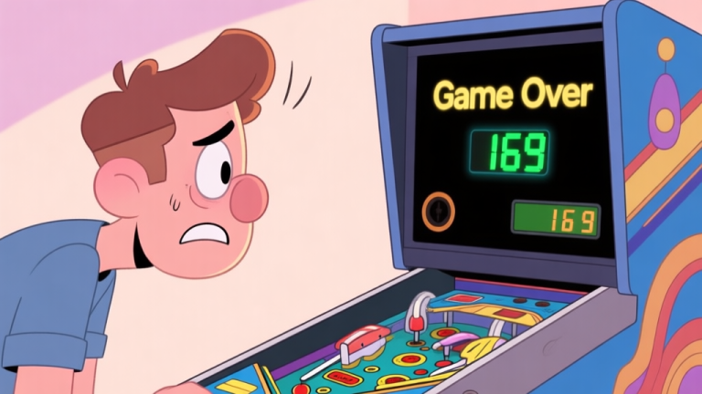 自动生成图片: A frustrated player looking at a pinball machine with a very low score, cartoon style with soft pastel colors, focusing on the player's expression and the "Game Over" screen high quality illustration, detailed, 16:9