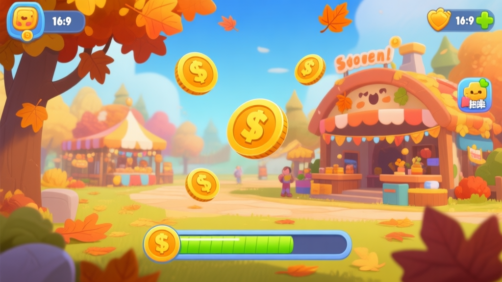 A vibrant, friendly video game scene showing a seasonal event hub with autumn leaves, special event currency icons floating, and a progress bar filling up, in a cheerful cartoon style with warm colors high quality illustration, detailed, 16:9