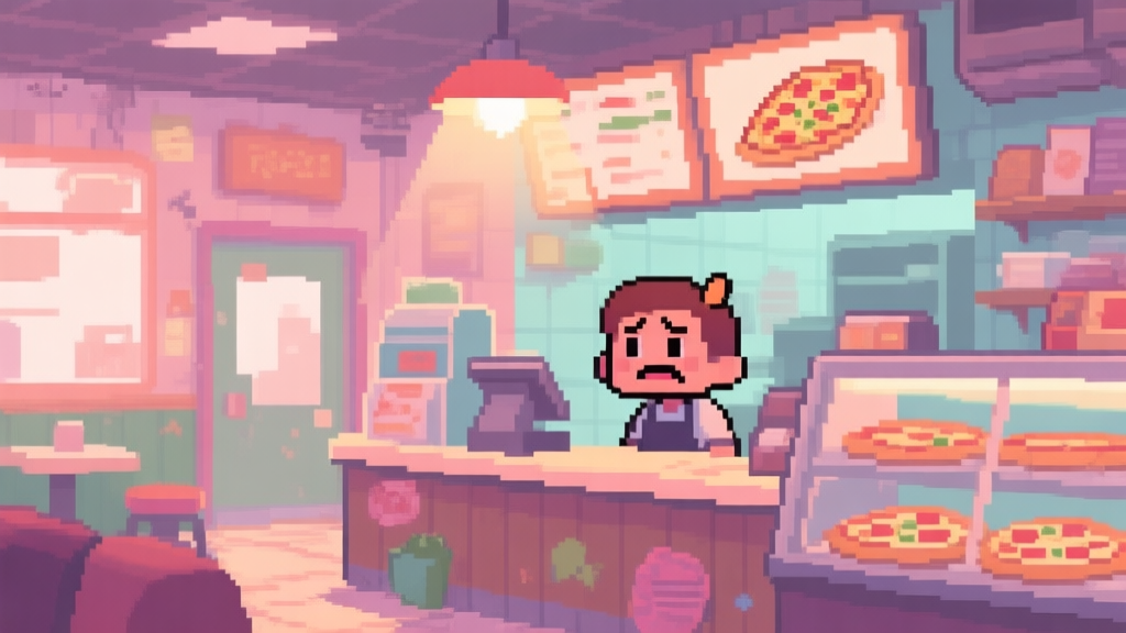 A cozy, slightly chaotic pixel-art style pizza shop interior, with a friendly-looking character looking slightly overwhelmed behind the counter, soft pastel colors, warm lighting high quality illustration, detailed, 16:9