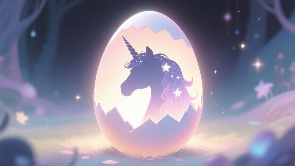 A magical, glowing egg hatching in a soft fantasy setting, revealing a silhouette of a unicorn with a starry mane, pastel color palette, ethereal light high quality illustration, detailed, 16:9