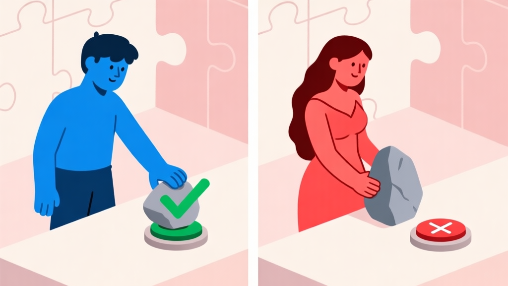A split-screen illustration showing the blue and red characters (Adam and Eve) in a minimalist puzzle environment, interacting with a stone and a button. One side shows a correct interaction (pushing a stone onto a button), the other shows a wrong one (trying to pull a stone). Soft pastel color scheme with clear visual cues. high quality illustration, detailed, 16:9