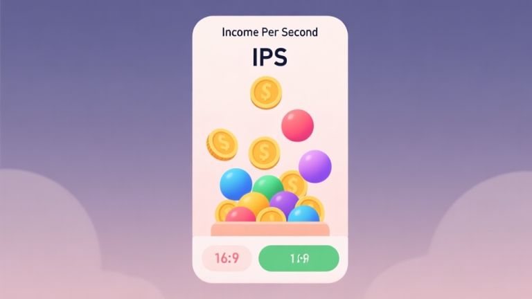 自动生成图片: A minimalist game interface illustration showing colorful balls generating coins, with a clean Income Per Second (IPS) counter prominently displayed, soft pastel color scheme high quality illustration, detailed, 16:9