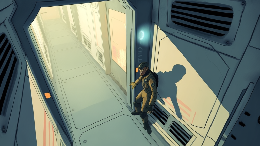 A dynamic, top-down view of a spaceship corridor in Impostor Hide N Seek 2, with a crewmate character cautiously peering around a corner while a faint silhouette hides in the vents, soft lighting and muted colors creating tension high quality illustration, detailed, 16:9
