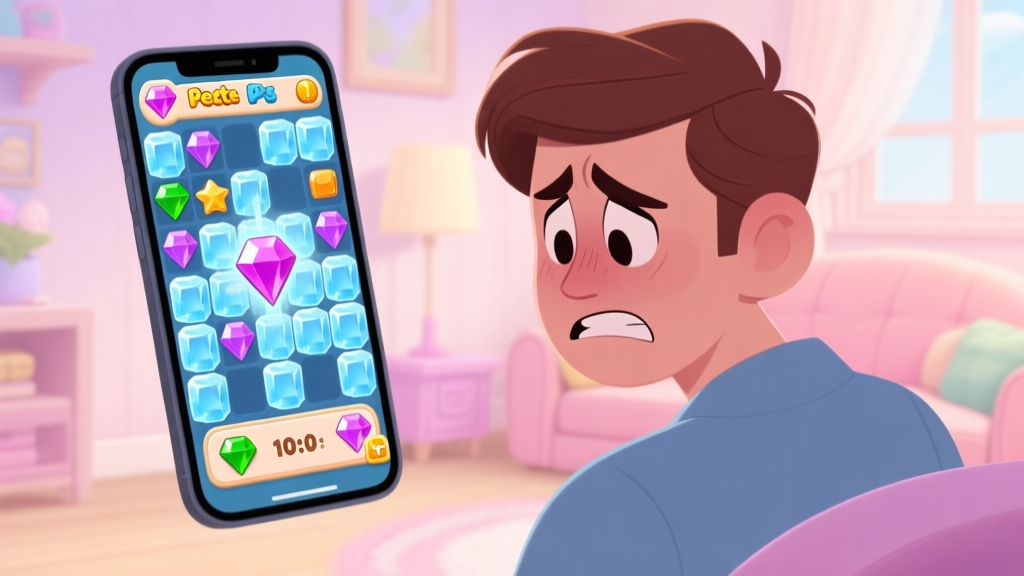 A frustrated player looking at a smartphone screen showing a difficult Jewel Pets Match level with many ice blocks and limited moves left, in a cozy home setting, soft pastel colors high quality illustration, detailed, 16:9