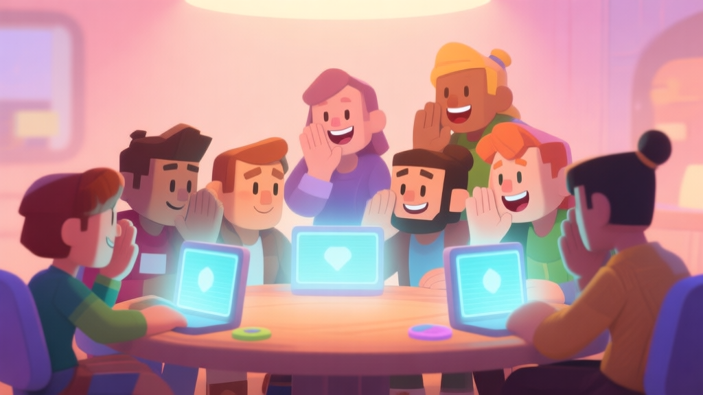 A cozy, inviting digital illustration of a diverse group of stylized game avatars gathered around a virtual table, some whispering, others laughing, with a soft glow emanating from their screens, set against a warm, pastel-colored background high quality illustration, detailed, 16:9