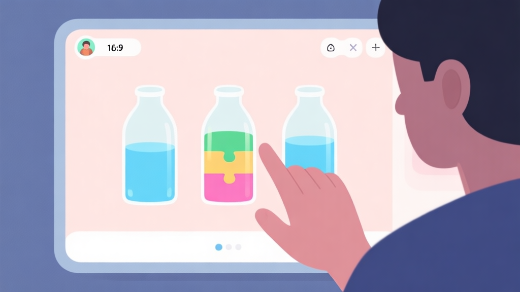A calming, minimalist illustration of a puzzle game interface showing colored water in transparent bottles, with a thoughtful player's hand hovering over the screen, soft pastel color palette high quality illustration, detailed, 16:9