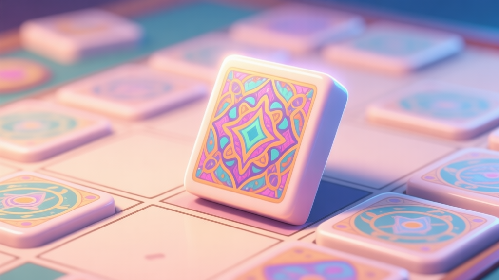 A close-up view of a vibrant, special game tile with intricate patterns and a soft glow, surrounded by regular matching tiles on a game board, soft pastel color scheme, digital illustration high quality illustration, detailed, 16:9