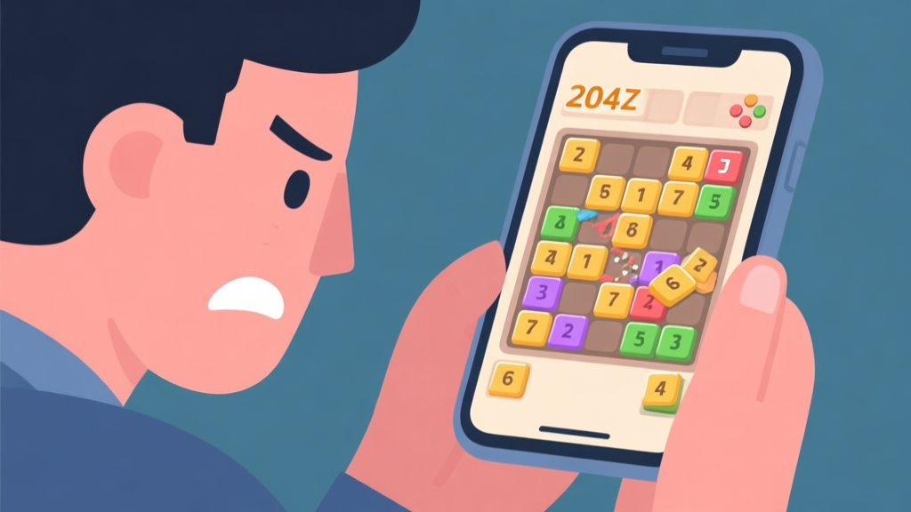 A frustrated gamer looking at a smartphone screen showing a cluttered 2048 game board with tiles stuck at low numbers, in a flat illustration style with soft colors high quality illustration, detailed, 16:9