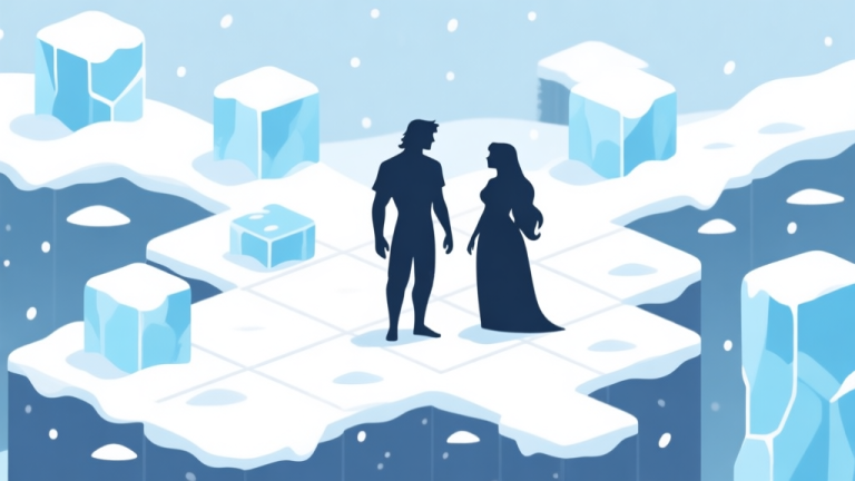 自动生成图片: A minimalist game scene showing two stylized character silhouettes (Adam and Eve) on a snowy puzzle level with ice blocks and obstacles, soft blue and white color palette, clean lines, flat design style high quality illustration, detailed, 16:9