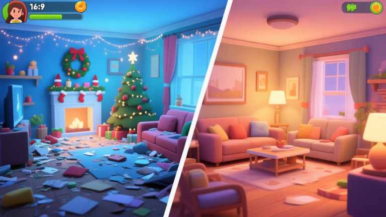 自动生成图片: A split-screen image showing a messy, overly bright Christmas room in a life simulation game next to a harmonious, warmly decorated virtual living room with perfect color balance, soft lighting, cozy atmosphere high quality illustration, detailed, 16:9