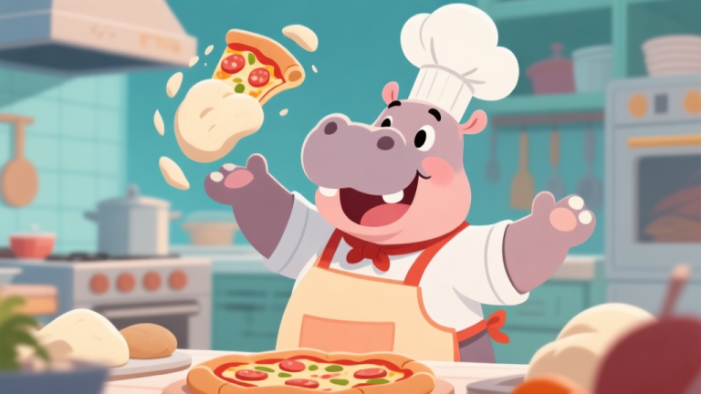 自动生成图片: A cheerful cartoon hippo wearing a chef's hat and apron, confidently tossing pizza dough in a busy, stylized kitchen. The art style is bright, inviting, and slightly cartoonish, with soft colors. high quality illustration, detailed, 16:9