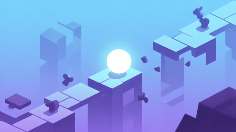 自动生成图片: A minimalist illustration of a glowing ball navigating a treacherous, geometric path with disappearing tiles and moving obstacles, set against a soft gradient background of blues and purples, evoking tension and focus in mobile gaming high quality illustration, detailed, 16:9