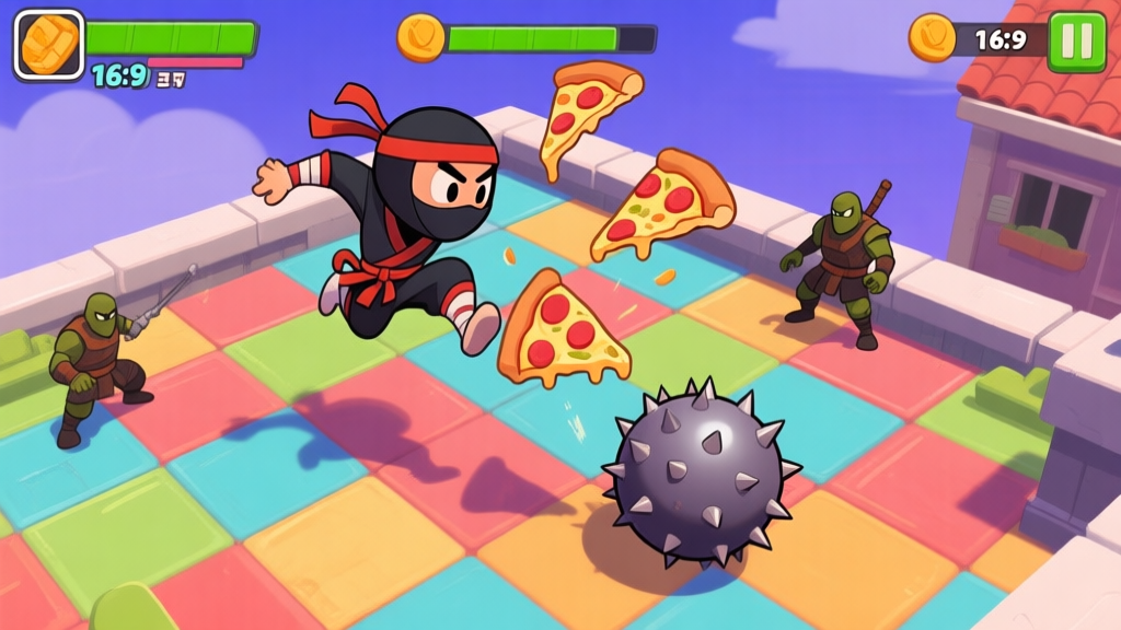 A dynamic, top-down mobile game scene showing a cartoon ninja character mid-jump, collecting floating pizza slices while dodging a rolling spiked ball and a patrolling enemy on a colorful, tiled rooftop, in a vibrant 2D game art style high quality illustration, detailed, 16:9