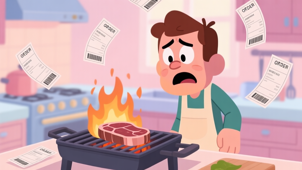 A frustrated game character in a cartoon kitchen, looking at a burning steak on a grill, with multiple order tickets floating around, soft pastel color palette high quality illustration, detailed, 16:9