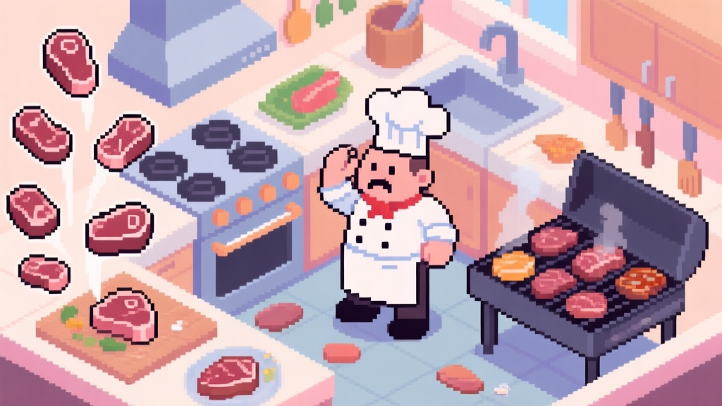 An isometric view of a chaotic but charming pixel-art game kitchen, with multiple steak orders popping up on the left side, a stressed chef character in the center, and a grill full of steaks at different cook levels, soft pastel color palette high quality illustration, detailed, 16:9