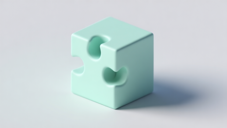自动生成图片: A 3D puzzle cube with one piece slightly misaligned, casting a soft shadow, in a minimalist style with pastel colors like mint green and light grey, isolated on a clean background high quality illustration, detailed, 16:9