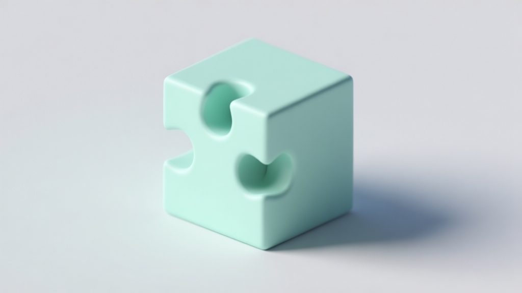 A 3D puzzle cube with one piece slightly misaligned, casting a soft shadow, in a minimalist style with pastel colors like mint green and light grey, isolated on a clean background high quality illustration, detailed, 16:9