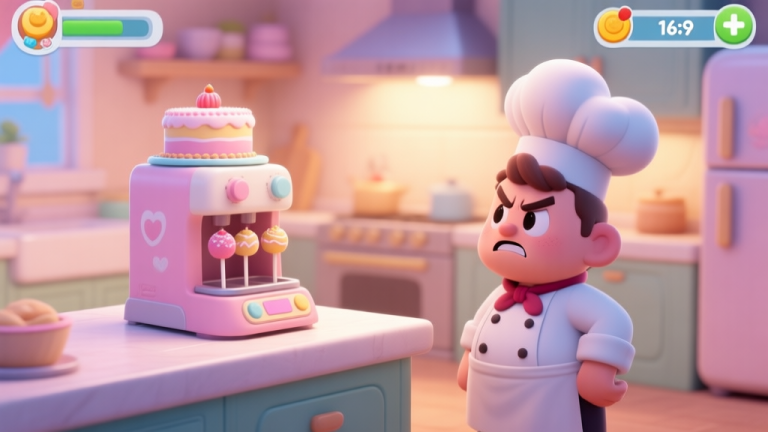 自动生成图片: A cozy, softly lit virtual kitchen scene in a mobile game, featuring a cute cake pops maker machine on a counter, with a frustrated but determined cartoon chef character looking at it, pastel color palette high quality illustration, detailed, 16:9