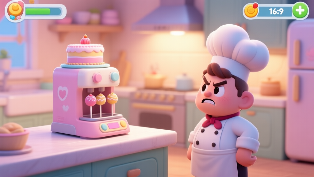 A cozy, softly lit virtual kitchen scene in a mobile game, featuring a cute cake pops maker machine on a counter, with a frustrated but determined cartoon chef character looking at it, pastel color palette high quality illustration, detailed, 16:9