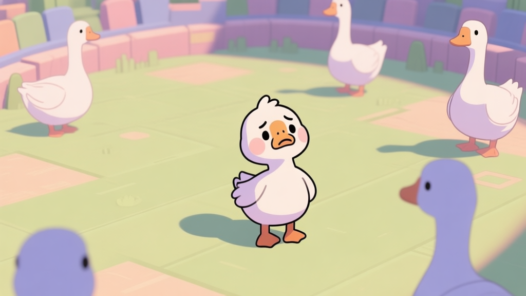 A cute, small goose character looking confused in a top-down game arena with other larger geese in the distance, soft pastel colors, minimalist game art style high quality illustration, detailed, 16:9