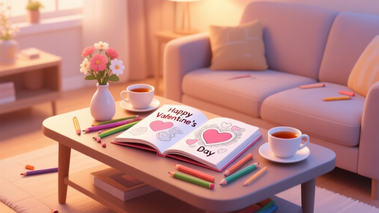 自动生成图片: A cozy, softly lit living room scene with an open "Happy Valentine's Day" coloring book on a coffee table, surrounded by scattered colored pencils, two cups of warm tea, and a small vase of flowers, in a warm and inviting color palette high quality illustration, detailed, 16:9