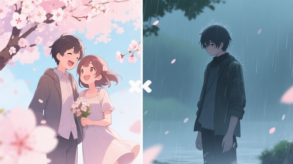 A split-screen illustration showing a joyful anime-style couple under cherry blossoms on one side, and a melancholic lone character in the rain on the other, representing different game endings, soft pastel color palette high quality illustration, detailed, 16:9