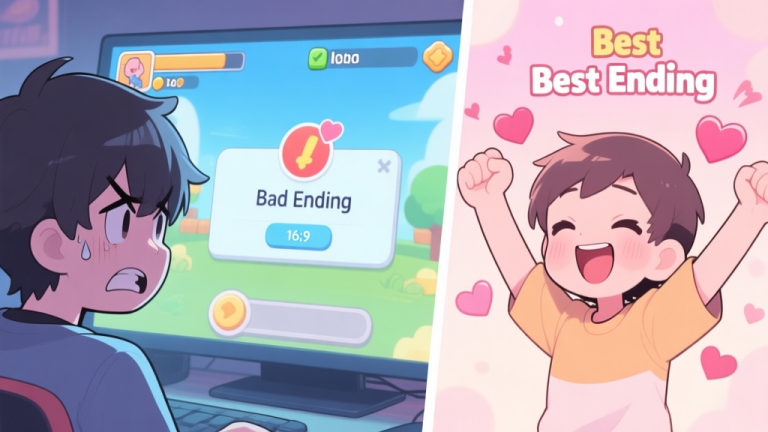 自动生成图片: A split-screen illustration showing a frustrated player looking at a game screen with a "Bad Ending" notification on one side, and a happy player celebrating a "Best Ending" with heart animations on the other, in a soft pastel anime-inspired game art style high quality illustration, detailed, 16:9