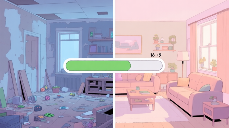 自动生成图片: A split-screen illustration showing a cluttered, unfinished game room on one side and a beautifully renovated, cozy living room on the other, with a progress bar in the middle filling up, in a soft pastel color palette high quality illustration, detailed, 16:9