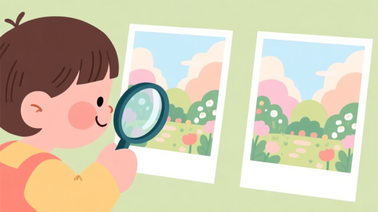 自动生成图片: A cheerful, colorful illustration of a young child with a magnifying glass, looking closely at two almost identical pictures of a garden scene, with soft pastel colors and simple shapes high quality illustration, detailed, 16:9