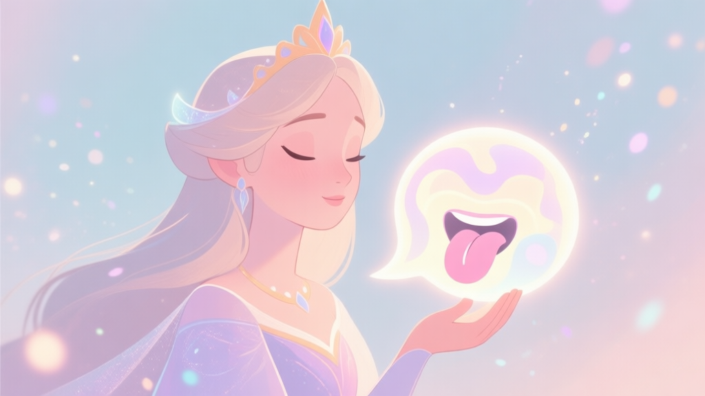 A stylized, gentle illustration of a fantasy princess character with a serene expression, holding a glowing, abstract representation of a tongue or speech bubble, set against a soft pastel background with magical particles high quality illustration, detailed, 16:9