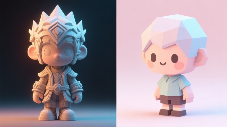 自动生成图片: A side-by-side comparison of a highly detailed 3D character model with complex lighting next to a charming, simplified low-poly version of the same character, in a soft pastel color palette high quality illustration, detailed, 16:9