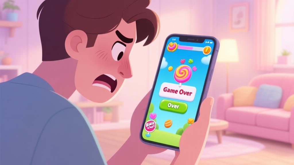 A frustrated player looking at a smartphone screen showing a difficult Candy Riddles level, with a "Game Over" message, in a cozy home setting, soft lighting, pastel color palette high quality illustration, detailed, 16:9