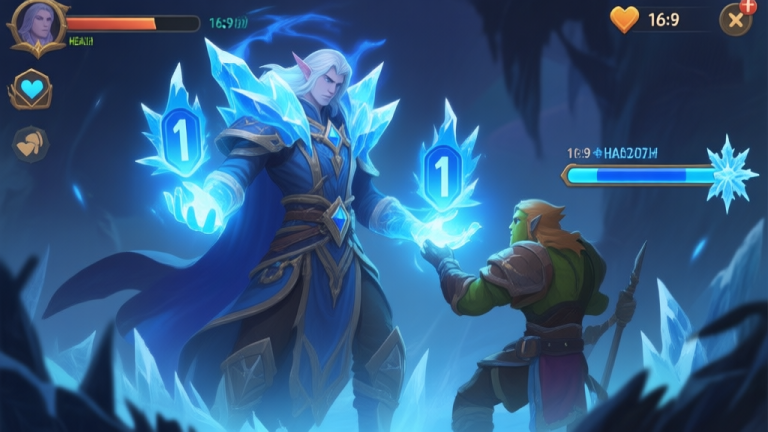 自动生成图片: Game UI screenshot style showing a fantasy character with ice magic aura healing an ally, blue healing numbers and frost visual effects, health bar increasing high quality illustration, detailed, 16:9