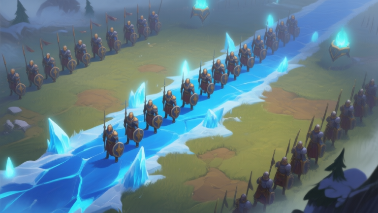 自动生成图片: A strategic top-down view of a fantasy game battlefield, showing a blue icy path cutting through a team formation, separating the front line from the back line, with soft glowing effects and a muted color palette high quality illustration, detailed, 16:9