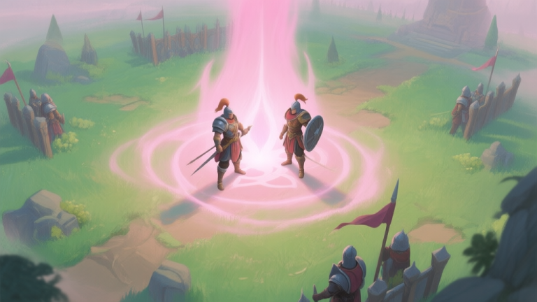 自动生成图片: A serene, top-down view of a fantasy game battlefield, with a soft pink and green healing aura emanating from a central point, gently enveloping two allied warrior characters. The style is soft painted illustration with a calm, ethereal mood. high quality illustration, detailed, 16:9