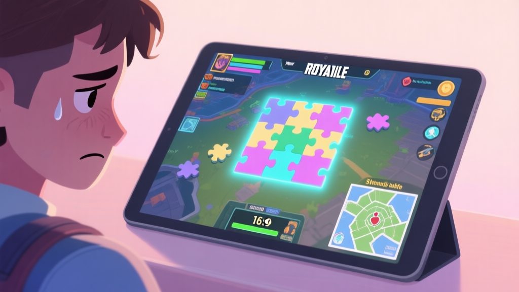 A calm, slightly overwhelmed new player looking at a vibrant and complex battle royale puzzle game screen on a tablet, with soft glowing puzzle pieces and a shrinking safe zone map in the corner, in a gentle pastel color scheme high quality illustration, detailed, 16:9