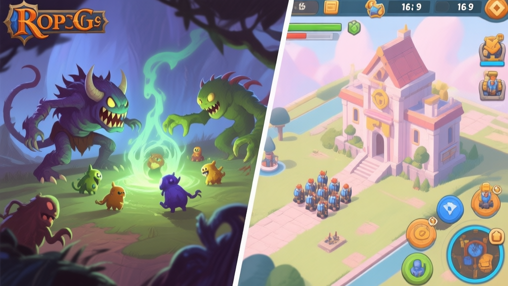 A split-screen illustration showing a fantasy RPG battle on one side with a monster summoning smaller creatures, and a real-time strategy game interface on the other side with a building producing units, in a soft pastel color palette high quality illustration, detailed, 16:9