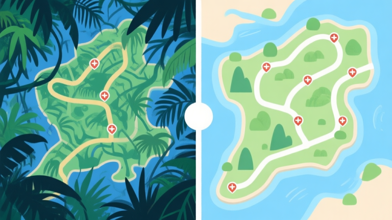 自动生成图片: Split-screen comparison illustration of a chaotic jungle map versus an organized one, showing clear pathing lines and objective markers, in a soft color palette with blues and greens high quality illustration, detailed, 16:9