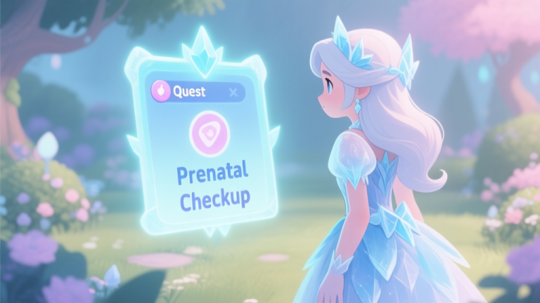 自动生成图片: A soft, magical illustration of a video game character with ice-themed dress looking at a glowing quest notification window that says "Prenatal Checkup", set in a serene fantasy garden, pastel color palette high quality illustration, detailed, 16:9
